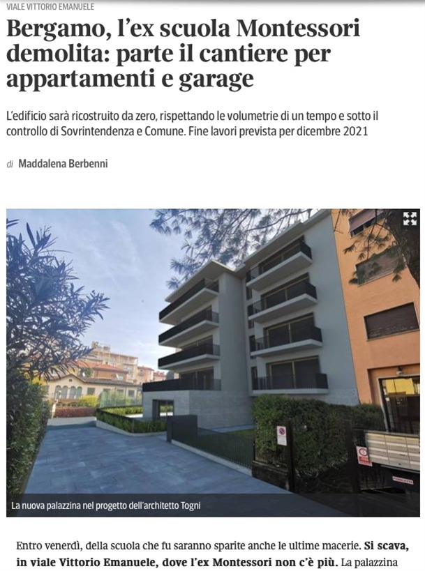 BERGAMO – L’ex scuola Montessori demolita: parte il cantiere per appartamenti e garage